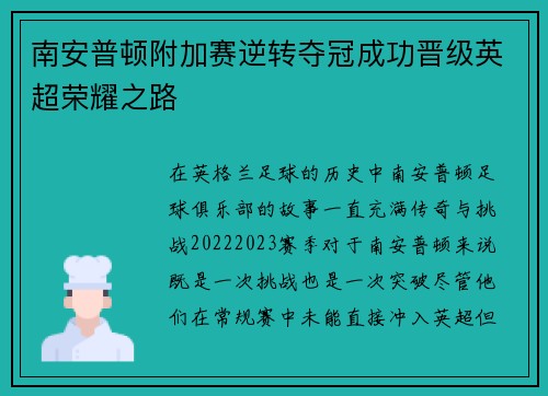 南安普顿附加赛逆转夺冠成功晋级英超荣耀之路